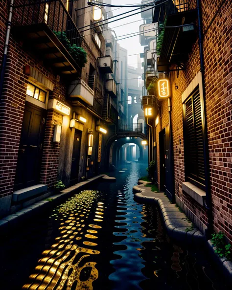 a dark alley with a neon sign and a puddle of water , Beeple, cinema 4 d, digital art, computer art