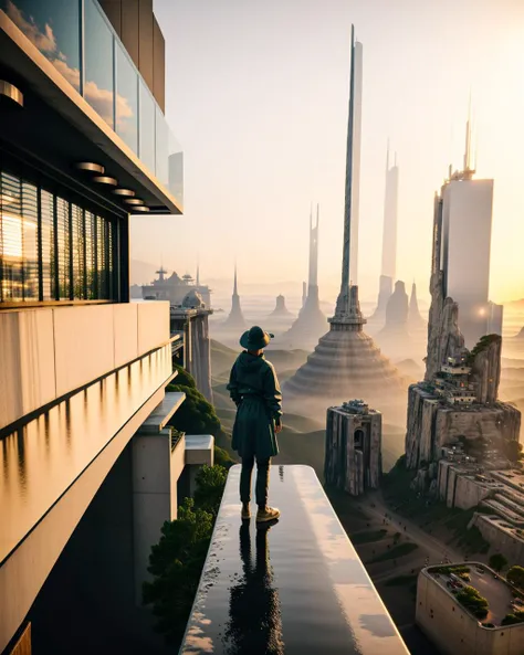 a person standing on a ledge looking at a city , Beeple, cinema 4 d, digital art, computer art