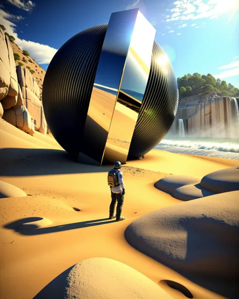 a man standing on a beach next to a large object , Beeple, cinema 4 d, digital art, computer art