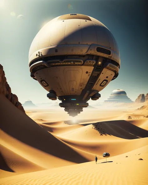 a spaceship is flying over a desert area , Beeple, cinema 4 d, digital art, computer art