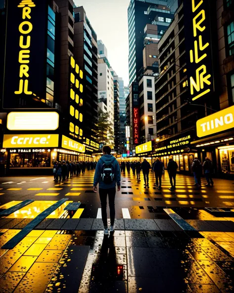 a person walking across a street at night , Beeple, cinema 4 d, digital art, computer art
