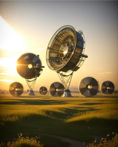 a group of satellite dishes sitting in a field , Beeple, cinema 4 d, digital art, computer art