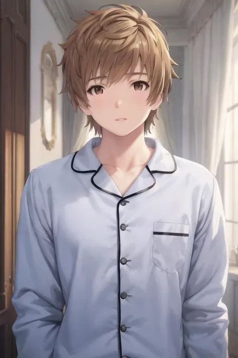 masterpiece, best quality, high quality, 1boy, solo, male focus, looking at viewer, upper body, <lora:gran:0.84>, gran, brown hair, brown eyes, realistic, pajamas
