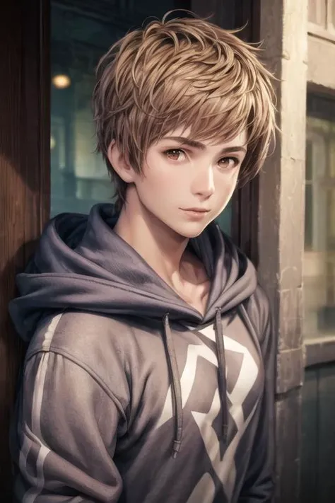 masterpiece, best quality, high quality, 1boy, solo, male focus, looking at viewer, upper body, <lora:gran:0.74>, gran, brown hair, brown eyes, realistic, hoodie