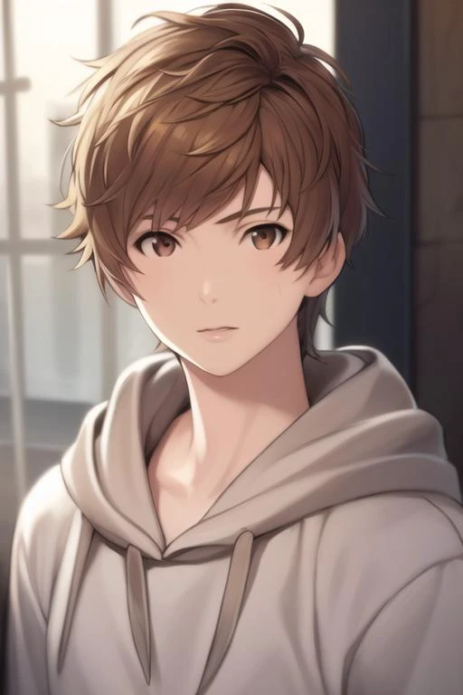 masterpiece, best quality, high quality, 1boy, solo, male focus, looking at viewer, upper body, <lora:gran:0.72>, gran, brown hair, brown eyes, realistic, hoodie