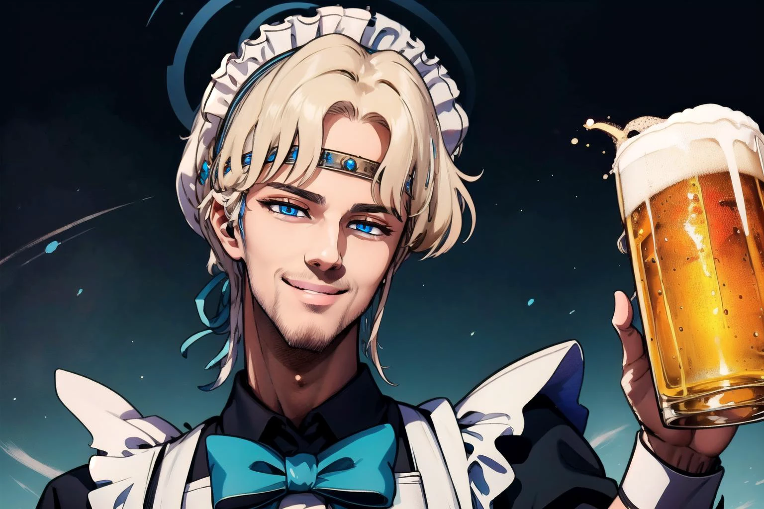 masterpiece, best quality, highres,<lora:0009Htoki:0.9>toki,white hair,,portrait,smile,1boy, highres, maid headdress, blue eyes, maid apron, blue bow with beer<lora:add_detail:1> <lora:ba_toki_pruned:1> fullbody