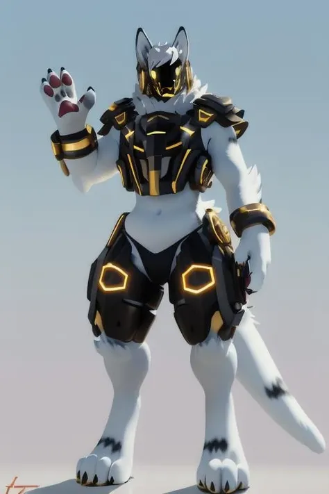 (detailed flurry fur), (furry, anthro:1.2), solo, male (soot covered gold armor:1.2), (white fur:1.4), sunshot mamagen, mamagen visor, mamagen armor, fullbody, standing, front view <lora:Mamagen-04.12.2023:0.75>