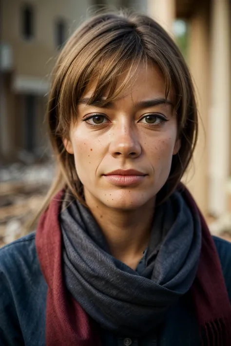 FrancoiseHardy, Ukraine Resistance, dark interior of ruins, dusk, solemn gaze, war, poverty, destruction, hair wrapped in a scarf, dark tattered clothing with a tattered shawl in a war-torn village, bombed-out buildings, shattered remains of a village with flickering candles, dirty face, 24mm f/2.0, 1/60s, ISO 640