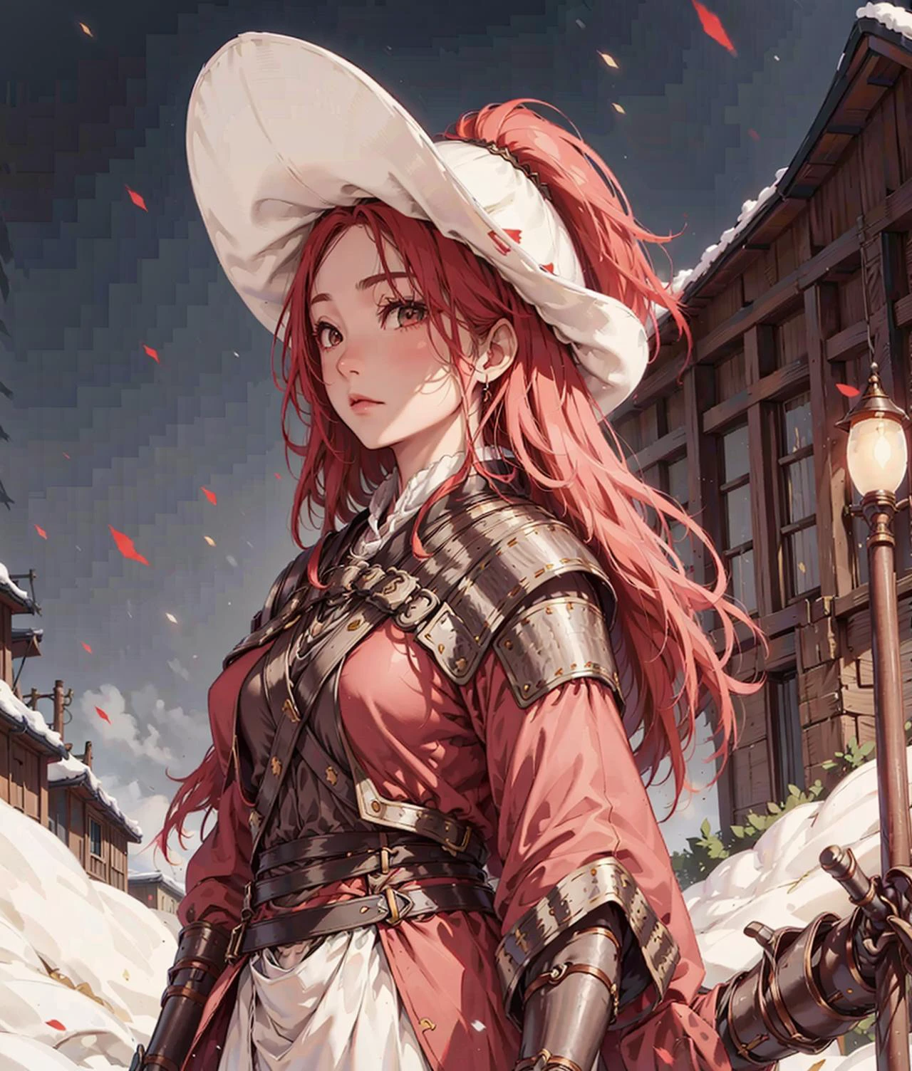 1girl wearing fanyang felt hat, big breasts, ((red cloak, holding sword)), ((golden hair)), armor, masterpiece, best quality, photorealistic, snowing, moon light, front view, <lora:fanyang_felt_hat_v2:0.7>, city walls