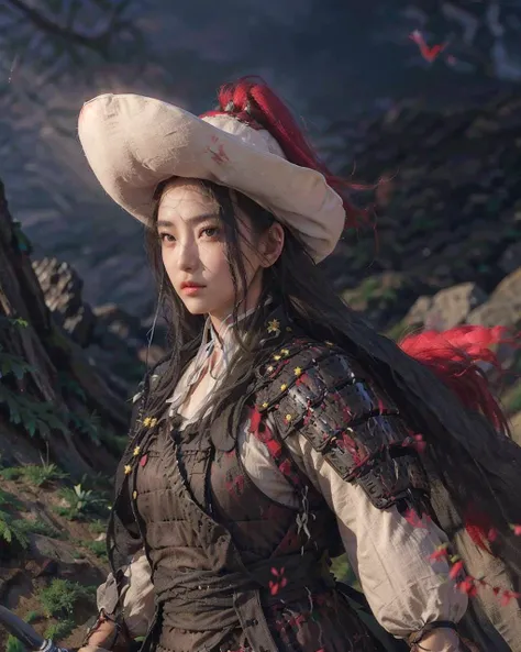 1girl dress like move The Flying Swords of Dragon Gate, masterpiece, best quality, photorealistic, fanyangli, <lora:fanyangli_v1:0.82>, forest, big breasts,armor, linen_clothes,cape, furry_coat, moonlight, black_hair