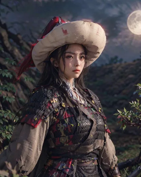 1girl dress like move The Flying Swords of Dragon Gate, masterpiece, best quality, photorealistic, fanyangli, <lora:fanyangli_v1:0.82>, forest, big breasts,armor, linen_clothes,cape, furry_coat, moonlight, black_hair