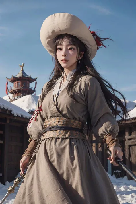 1girl dress like move The Flying Swords of Dragon Gate, masterpiece, best quality, photorealistic, fanyangli, desert, snow, linen_clothes, <lora:Han_Ye_Seul_v3:1>