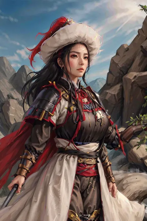 1girl , masterpiece, best quality, photorealistic, fanyangli, <lora:fanyangli_v1:0.73>, big breasts,armor, white_linen_clothes,cape, furry_coat, day, black_hair, snow, The Great Wall background
