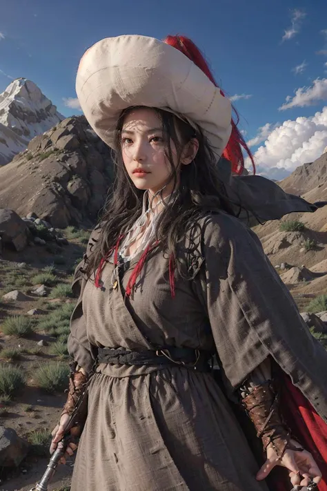 1girl , masterpiece, best quality, photorealistic, fanyangli, <lora:fanyangli_v1:0.78>, big breasts,armor, linen_clothes,cape, furry_coat, day, black_hair, snow, The Great Wall background