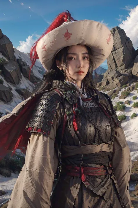 1girl , masterpiece, best quality, photorealistic, fanyangli, <lora:fanyangli_v1:0.82>, forest, big breasts,armor, linen_clothes,cape, furry_coat, day, black_hair, snow