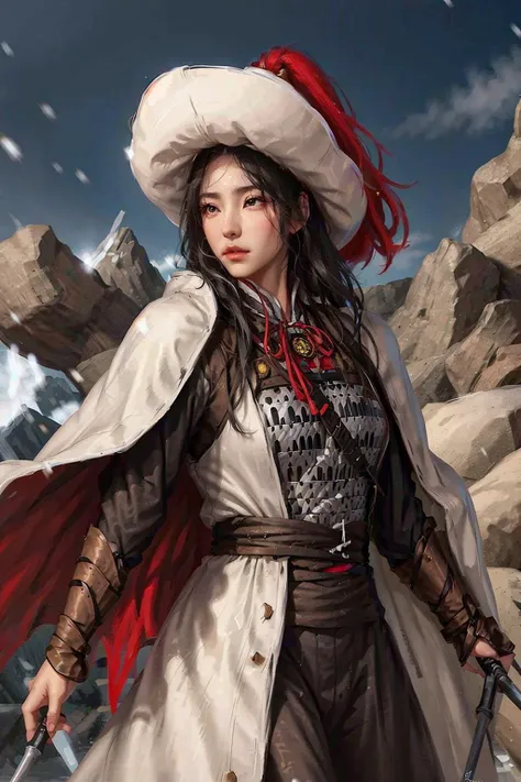 1girl , masterpiece, best quality, photorealistic, fanyangli, <lora:fanyangli_v1:0.75>, big breasts,armor, white_linen_clothes,cape, furry_coat, day, black_hair, snow, The Great Wall background