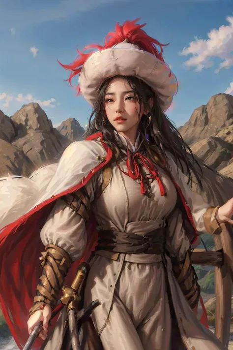 1girl , masterpiece, best quality, photorealistic,  fanyangli, <lora:fanyangli_v1:0.7>, big breasts,armor,  white_linen_clothes,cape, furry_coat,  day, black_hair, snow, The Great Wall background