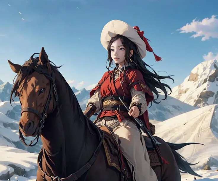 1girl, black hair, masterpiece, best quality, fanyangli, desert, snow, linen_clothes, <lora:fanyangli_v1:0.7>, horseback_riding, riding, horse
