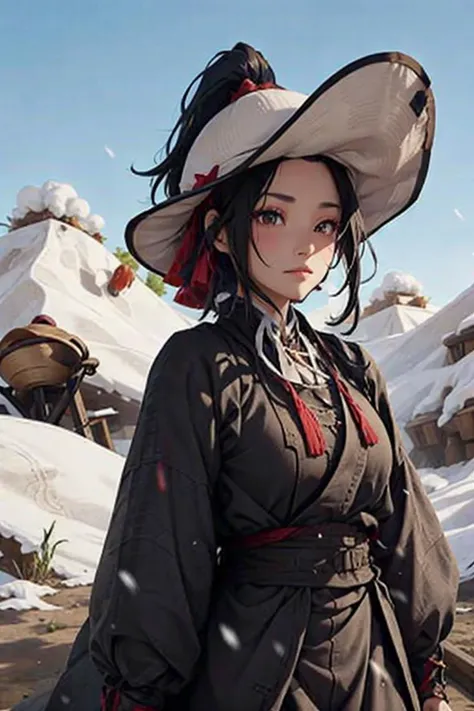 1girl, black hair,  masterpiece, best quality, fanyangli, desert, snow, linen_clothes,  <lora:fanyangli_v1:0.7>
