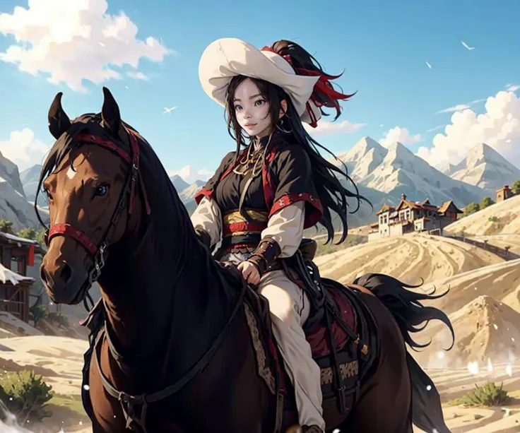 1girl, black hair, masterpiece, best quality, fanyangli, desert, snow, linen_clothes, <lora:fanyangli_v1:0.7>, horseback_riding, riding, horse