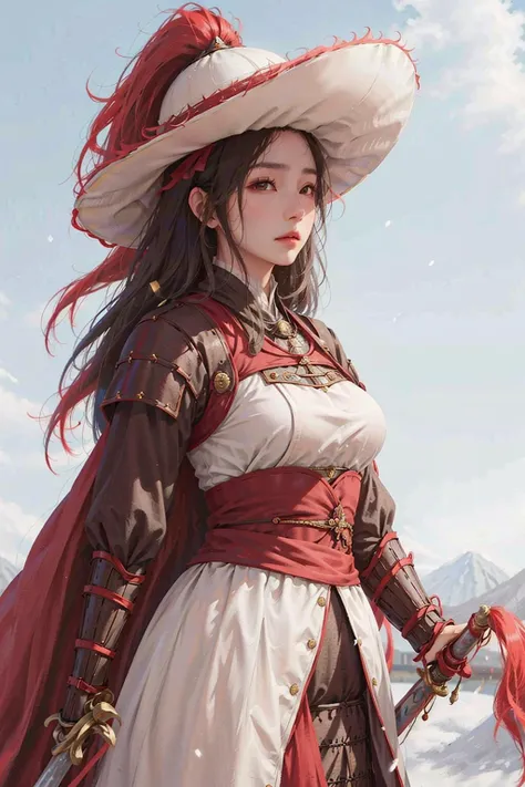 1girl wearing fanyang felt hat, big breasts, ((red cloak, holding sword)), long hair, armor, masterpiece, best quality, photorealistic, snowing, <lora:fanyang_felt_hat_v2:0.6>