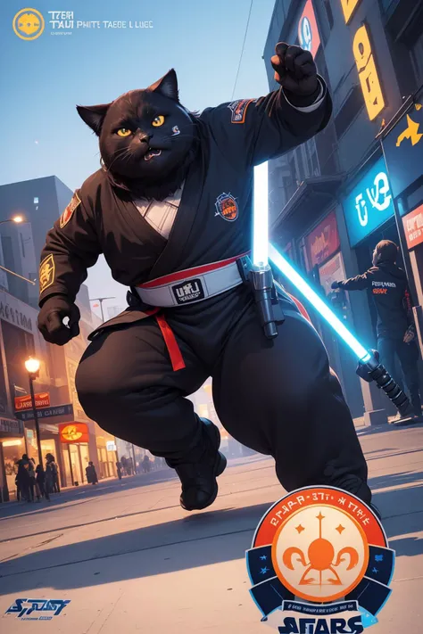 (("STAR CATS" (text logo:1.8))),<lora:Harrlogos_v2.0:1.8>,(full body),(((fat cats))),(screensaver for the "Star Wars" fat cats in Jedi costumes, holding lightsabers in their hands),predominant violet and red and blue color,hyper-detailed,hyper-realism,sharp shot,cinematic,background action-packed,