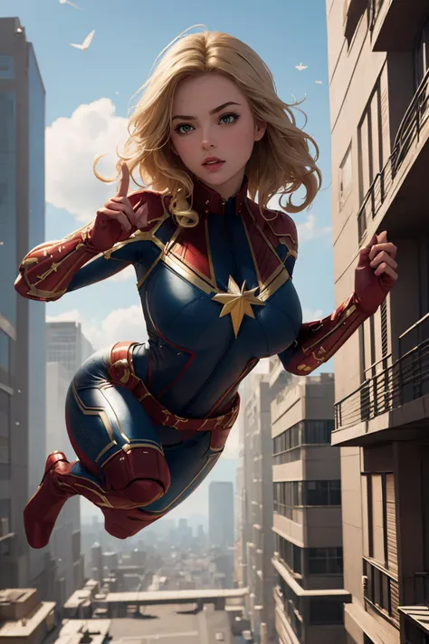 (best quality:1.4),(masterpiece:1.4),(8K:1.4),(extremely detailed:1.4),<lora:cptmarvel-nvwls-v1:0.9>,cptmarvel,bodysuit,red gloves,belt,large breasts,toned,(flying:1.5),cityscape,fly in the sky,