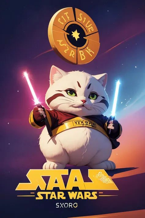 (("STAR CATS" (text logo:1.8))),<lora:Harrlogos_v2.0:1.8>,(full body),(((fat cats))),(screensaver for the movie "Star Wars" fat cats in Jedi costumes, holding lightsabers in their hands),predominant violet and red and blue color,hyper-detailed,hyper-realism,sharp shot,cinematic,background action-packed,