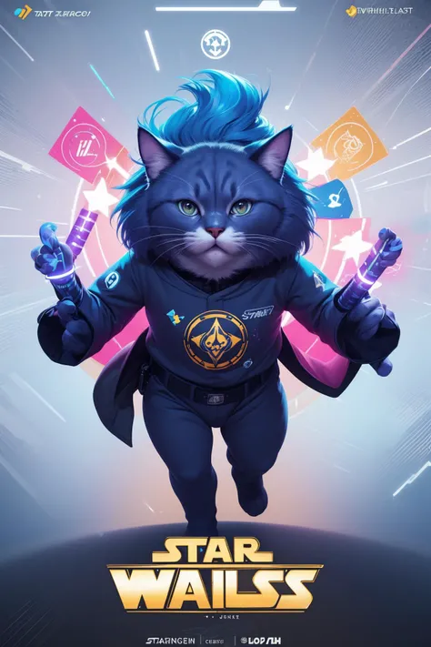 (("STAR CATS" (text logo:1.8))),<lora:Harrlogos_v2.0:1.8>,(full body),(((fat cats))),(screensaver for the "Star Wars" fat cats in Jedi costumes, holding lightsabers in their hands),predominant violet and red and blue color,hyper-detailed,hyper-realism,sharp shot,cinematic,background action-packed,
