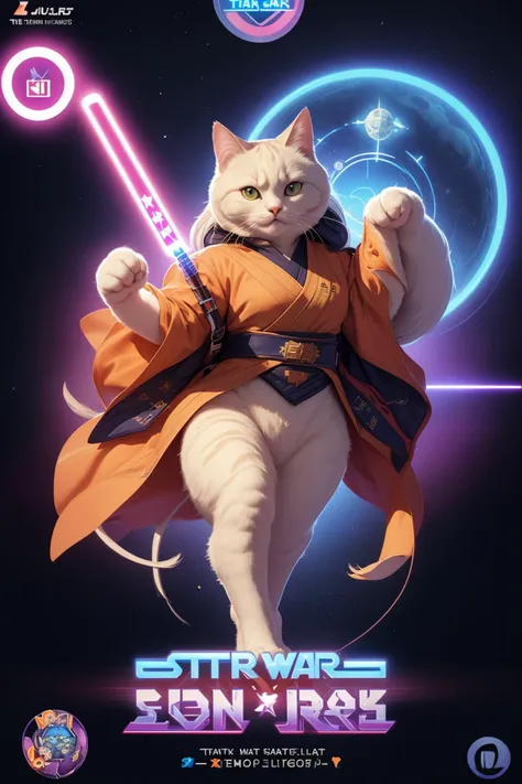(("STAR CATS" (text logo:1.8))),<lora:Harrlogos_v2.0:1.8>,(full body),(((fat cats))),(screensaver for the "Star Wars" fat cats in Jedi costumes, holding lightsabers in their hands),predominant violet and red and blue color,hyper-detailed,hyper-realism,sharp shot,cinematic,background action-packed,