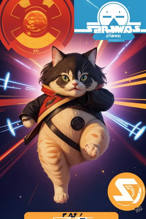 (("STAR CATS" (text logo:1.8))),<lora:Harrlogos_v2.0:1.8>,(full body),(((fat cats))),(screensaver for the "Star Wars" fat cats in Jedi costumes, holding lightsabers in their hands),predominant violet and red and blue color,hyper-detailed,hyper-realism,sharp shot,cinematic,background action-packed,