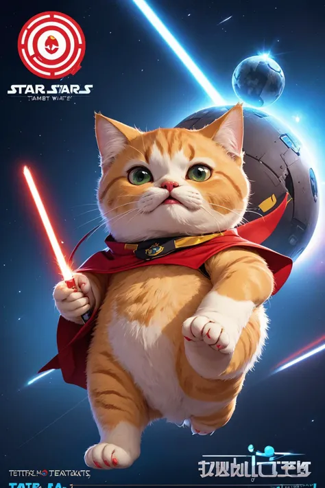 (("STAR CATS" (text logo:1.8))),<lora:Harrlogos_v2.0:1.8>,(full body),(((fat cats))),(screensaver for the "Star Wars" fat cats in Jedi costumes, holding lightsabers in their hands),predominant violet and red and blue color,hyper-detailed,hyper-realism,sharp shot,cinematic,background action-packed,