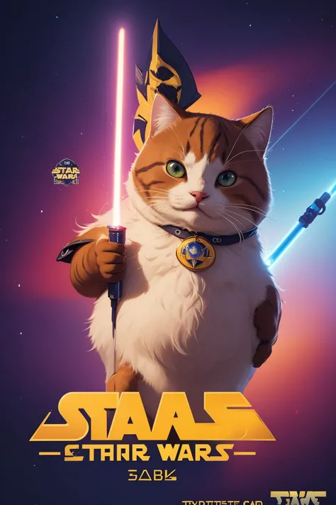 (("STAR CATS" (text logo:1.8))),<lora:Harrlogos_v2.0:1.8>,(full body),(((fat cats))),(screensaver for the "Star Wars" fat cats in Jedi costumes, holding lightsabers in their hands),predominant violet and red and blue color,hyper-detailed,hyper-realism,sharp shot,cinematic,background action-packed,