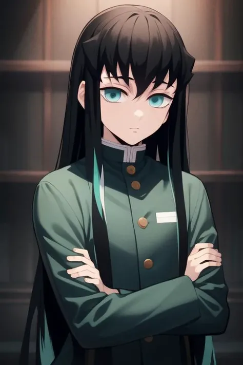 masterpiece, best quality, high quality, 1boy, solo, male focus, looking at viewer, upper body, <lora:tokitou_muichirou:0.74>, tokitou_muichirou, long hair, bangs, black hair, aqua eyes, demon slayer uniform, two-tone hair,