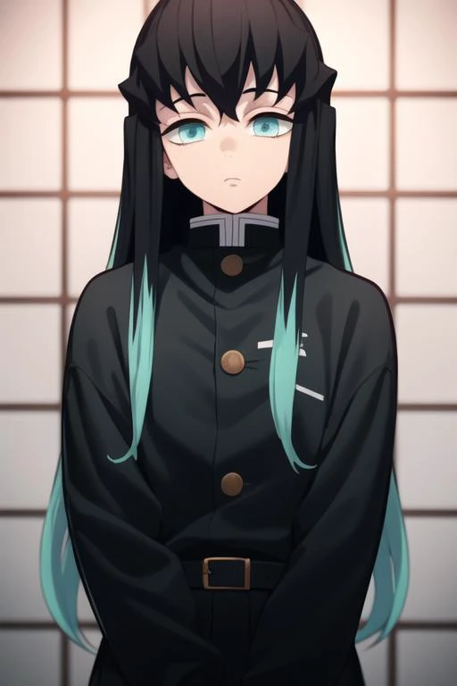 masterpiece, best quality, high quality, 1boy, solo, male focus, looking at viewer, upper body, <lora:tokitou_muichirou:0.82>, tokitou_muichirou, long hair, bangs, black hair, aqua eyes, demon slayer uniform, two-tone hair,