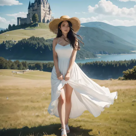 (masterpiece:1.2), (best quality:1.2), (extremely detailed:1.2), (ultra detailed), (photorealistic:1.2), 1girl, cowboy shot, medium breasts, long hair, black hair, one-piece dress, white dress, strong wind, white sandals,
<lora:skirt_tug_v0.1:1>, dress tug, wind lift, look afar, straw hat,
standing, on the grass, mountain, castle on the mountain, blue sky,