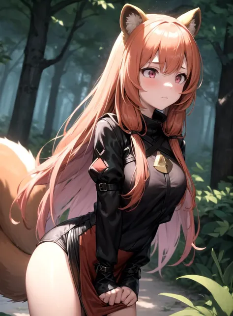 masterpiece, best quality, detailed, 1girl, (raphtalia), round raccoon ears, orange raccoon tail, pink eyes, long orange hair, (black and red leather tunic), forest, fantasy setting, shirt tug, embarrassed <lyco:GoodHands-beta2:1.3> <lora:more_details:0.4> <lora:skirt_tug_v0.1:0.9>