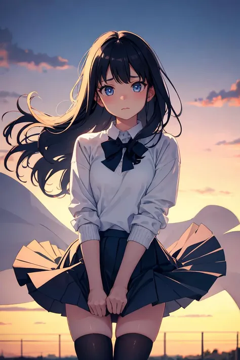 1girl, , pleated skirt, black legwear, long hair, blue eyes, cute face, <lora:skirt_tug_v0.1:1> clothes tug, skirt tug, dress tug, shirt tug, sweater tug, wind, wind lift,