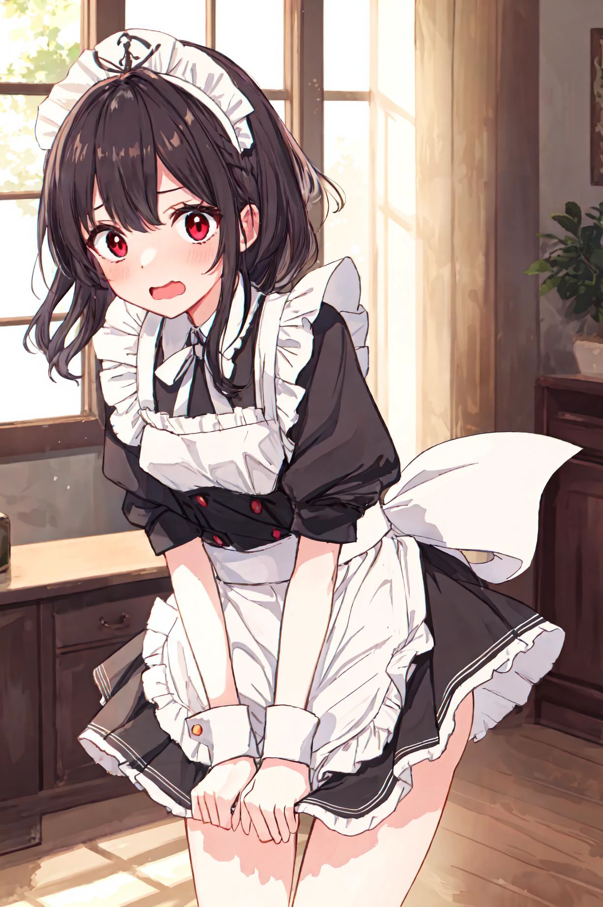 1girl, (masterpiece, top quality, best quality, beautiful and aesthetic:1.2), red eyes,
black hair, long hair, wearing a maid outfit, maid hair ornament, with a hair ribbon, maid skirt, a place of cultural and aesthetic value, (inside mansion), cowboy shot, (panties:1.2), skirt tug, wind, (wind lift), (flying skirt:1.2), lean forward,
<lora:ArsEmbarrassed-t5:0.4>, embarrassed, wavy mouth, (blush:1.2),
<lora:Silicon-landscape-isolation:0.7>, <lora:style_Momoko:0.3>, <lora:onelastlastcogecha:0.3>, <lora:skirt_tug_v0.1:1>