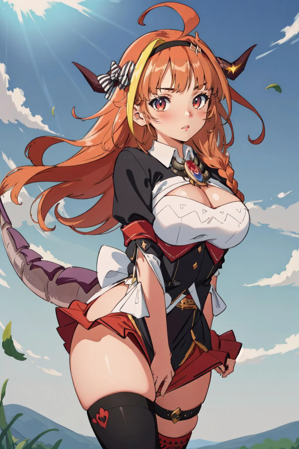 (masterpiece, best quality), intricate details,
1girl, <lora:kiryu_coco_v1:0.8> hmcoco, long hair, streaked hair, single braid, black hairband, horn bow, dragon tail, black jacket, white shirt, collared shirt, cleavage cutout, brooch, red skirt, single thighhigh, thigh strap, asymmetrical legwear,
<lora:skirt_tug_v0.1:0.8> clothes tug, skirt tug, wind, wind lift, blushing, <lora:MyBreastHelper:0.8>large breasts,