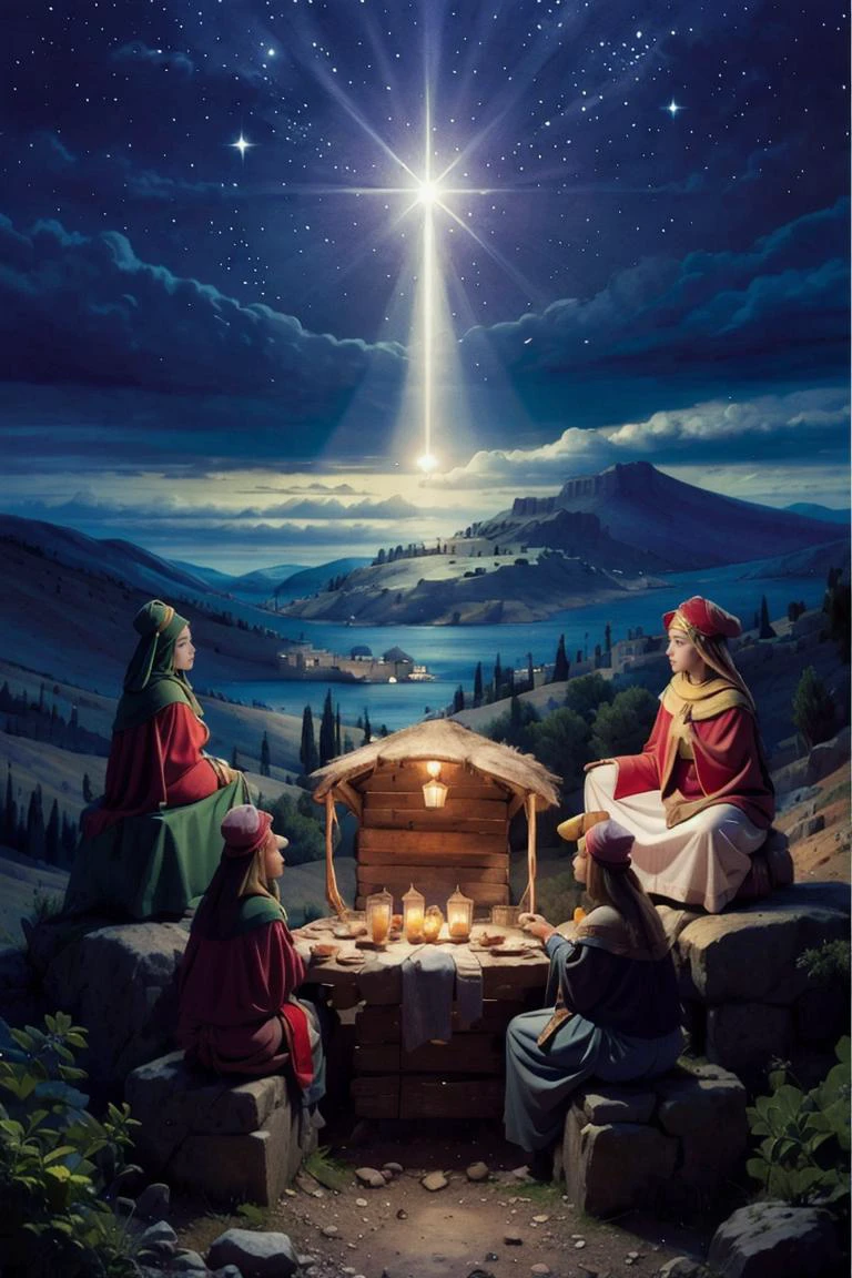 <lora:twistedscarlett60_style:0.8>, ((masterpiece,best quality)), <lora:Star_of_Bethlehem:0.8>, Star_of_Bethlehem, night sky, starry sky, multiple girls, hat, sitting, outdoors, tree, mountain