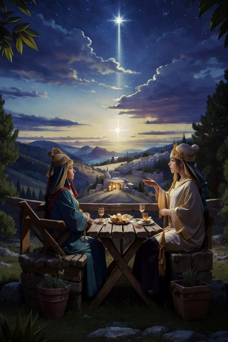 <lora:twistedscarlett60_style:0.8>, ((masterpiece,best quality)), <lora:Star_of_Bethlehem:0.8>, Star_of_Bethlehem, night sky, starry sky, multiple girls, hat, sitting, outdoors, tree, mountain