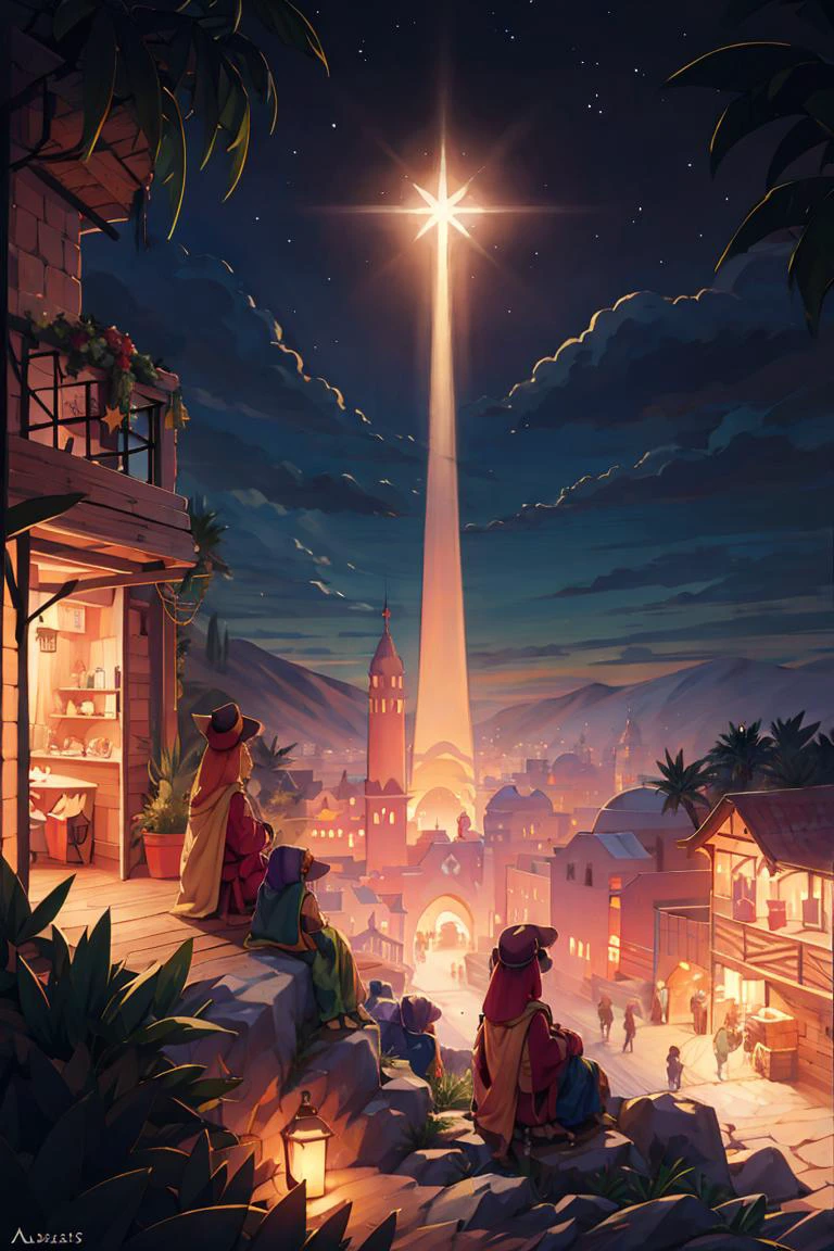 <lora:ricegnat_style:0.8>, ((masterpiece,best quality)), absurdres, <lora:Star_of_Bethlehem:0.8>, Star_of_Bethlehem, night sky, starry sky, multiple girls, hat, sitting, outdoors, tree, mountain