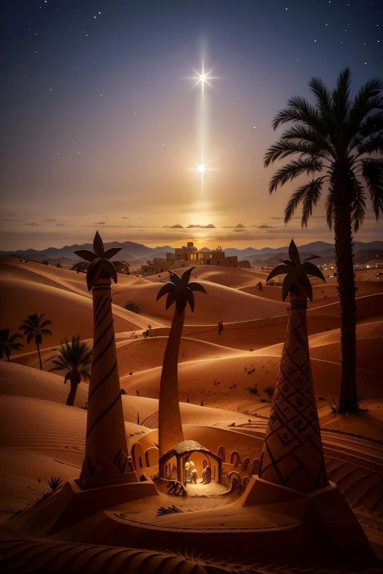 ((masterpiece,best quality)), <lora:Star_of_Bethlehem:0.8>, Star_of_Bethlehem, night sky, starry sky, sand, palm tree, silhouette, sand sculpture, sand