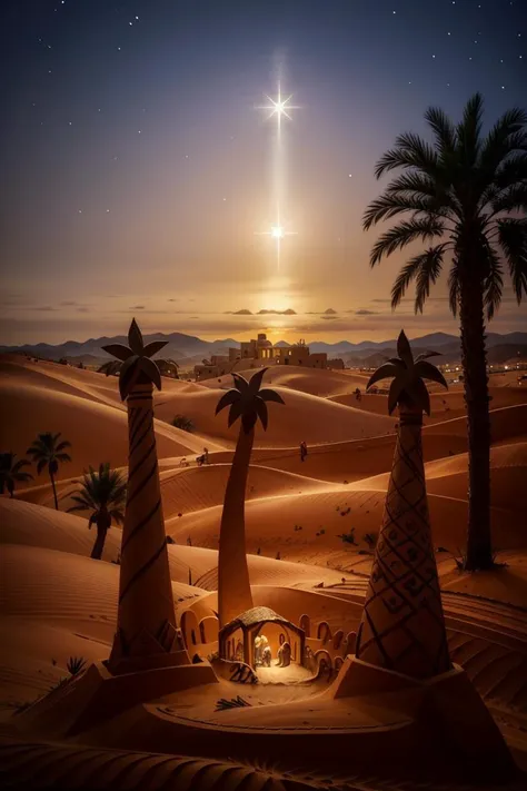 ((masterpiece,best quality)),  <lora:Star_of_Bethlehem:0.8>, Star_of_Bethlehem,  night sky, starry sky, sand, palm tree, silhouette, sand sculpture, sand