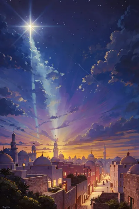 ((masterpiece,best quality)), absurdres,
<lora:Star_of_Bethlehem:0.8>, Star_of_Bethlehem, night sky, starry sky, glowing,
small village