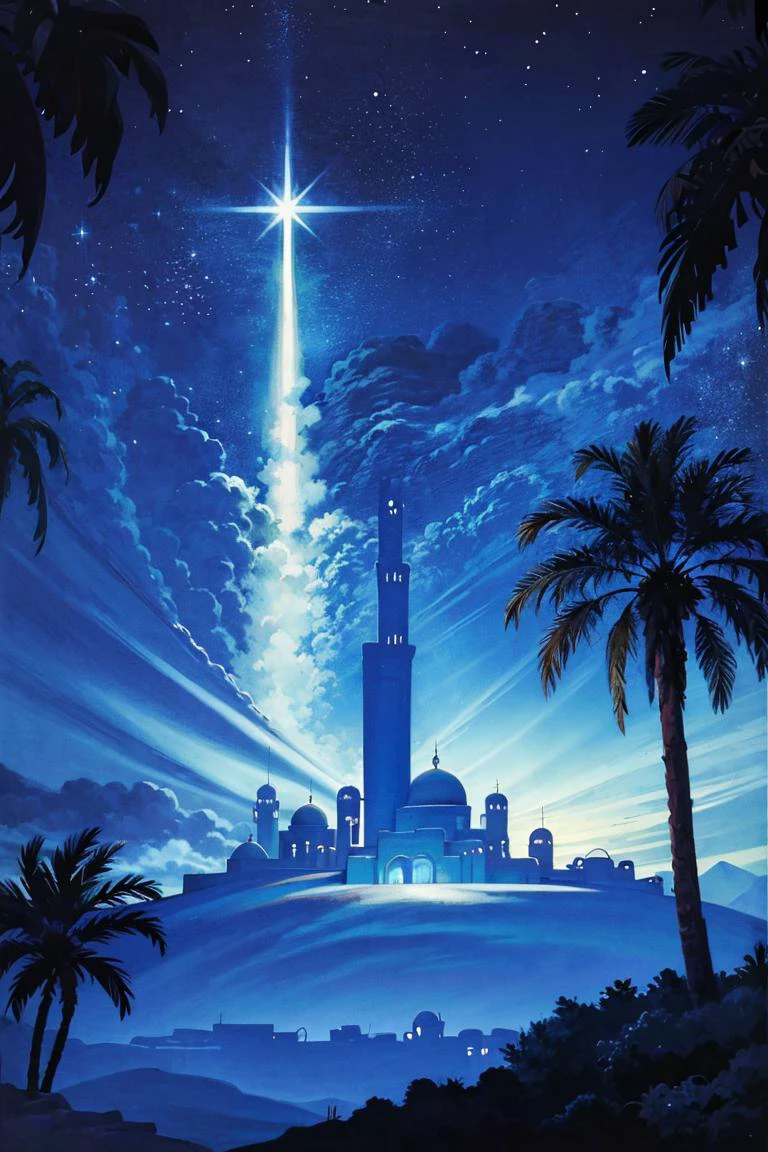 ((masterpiece,best quality)), absurdres,
<lora:Star_of_Bethlehem:0.8>, Star_of_Bethlehem, night sky, starry sky, glowing,
outdoors, tree, building, blue theme, palm tree, silhouette