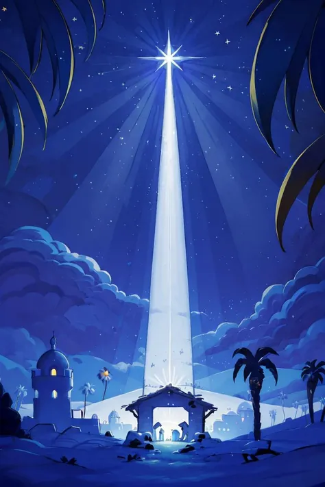 <lora:twistedscarlett60_style:0.8>, ((masterpiece,best quality)), absurdres, <lora:Star_of_Bethlehem:0.8>, Star_of_Bethlehem,  night sky, starry sky, glowing, outdoors, tree, building, blue theme, palm tree, silhouette