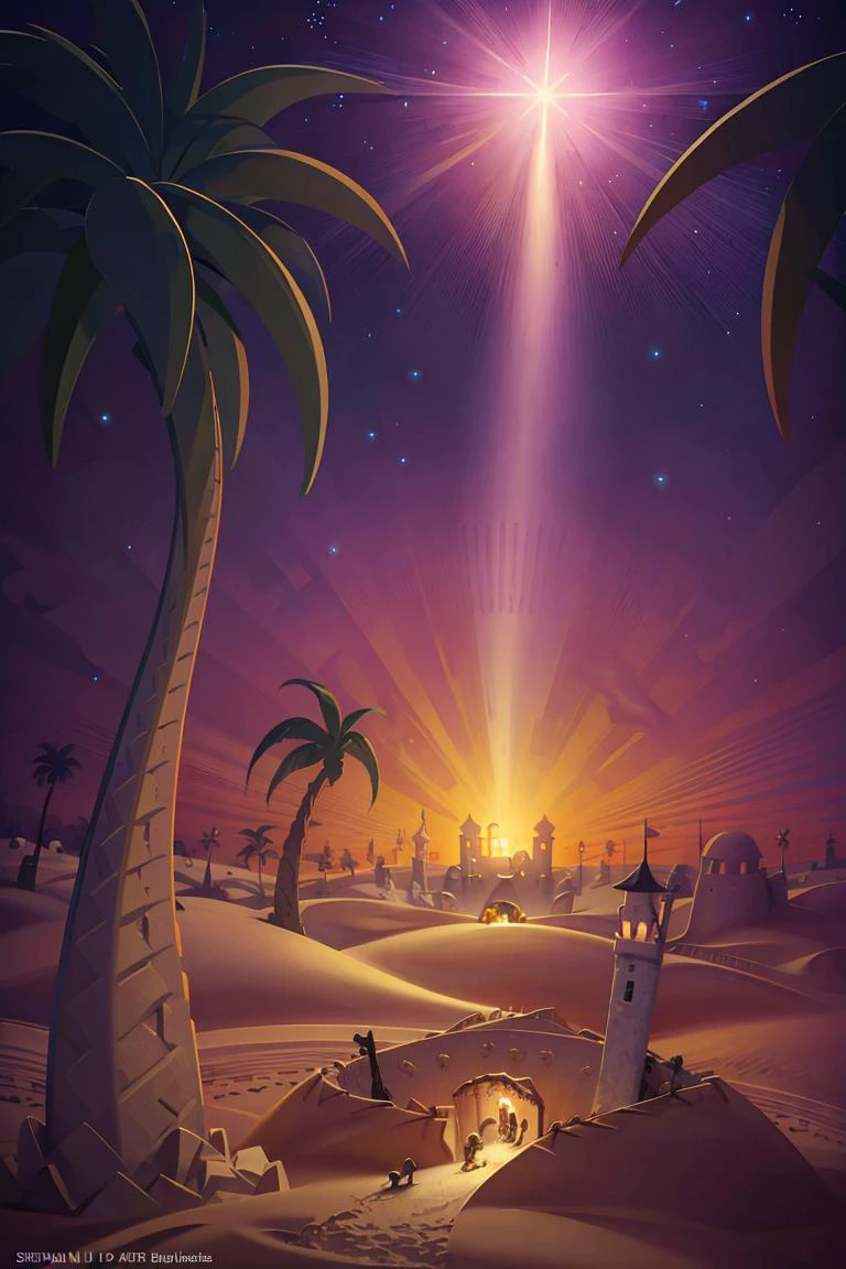 ((masterpiece,best quality)), absurdres,
<lora:Star_of_Bethlehem:0.8>, Star_of_Bethlehem, night sky, starry sky, sand, palm tree, silhouette, sand sculpture, sand castle