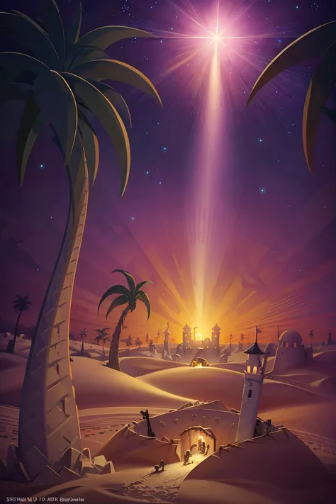 ((masterpiece,best quality)), absurdres,
<lora:Star_of_Bethlehem:0.8>, Star_of_Bethlehem,  night sky, starry sky, sand, palm tree, silhouette, sand sculpture, sand castle